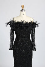Sophisticated Off-the-Shoulder Beaded Mother of the Bride Dress with Feather Trim KY037