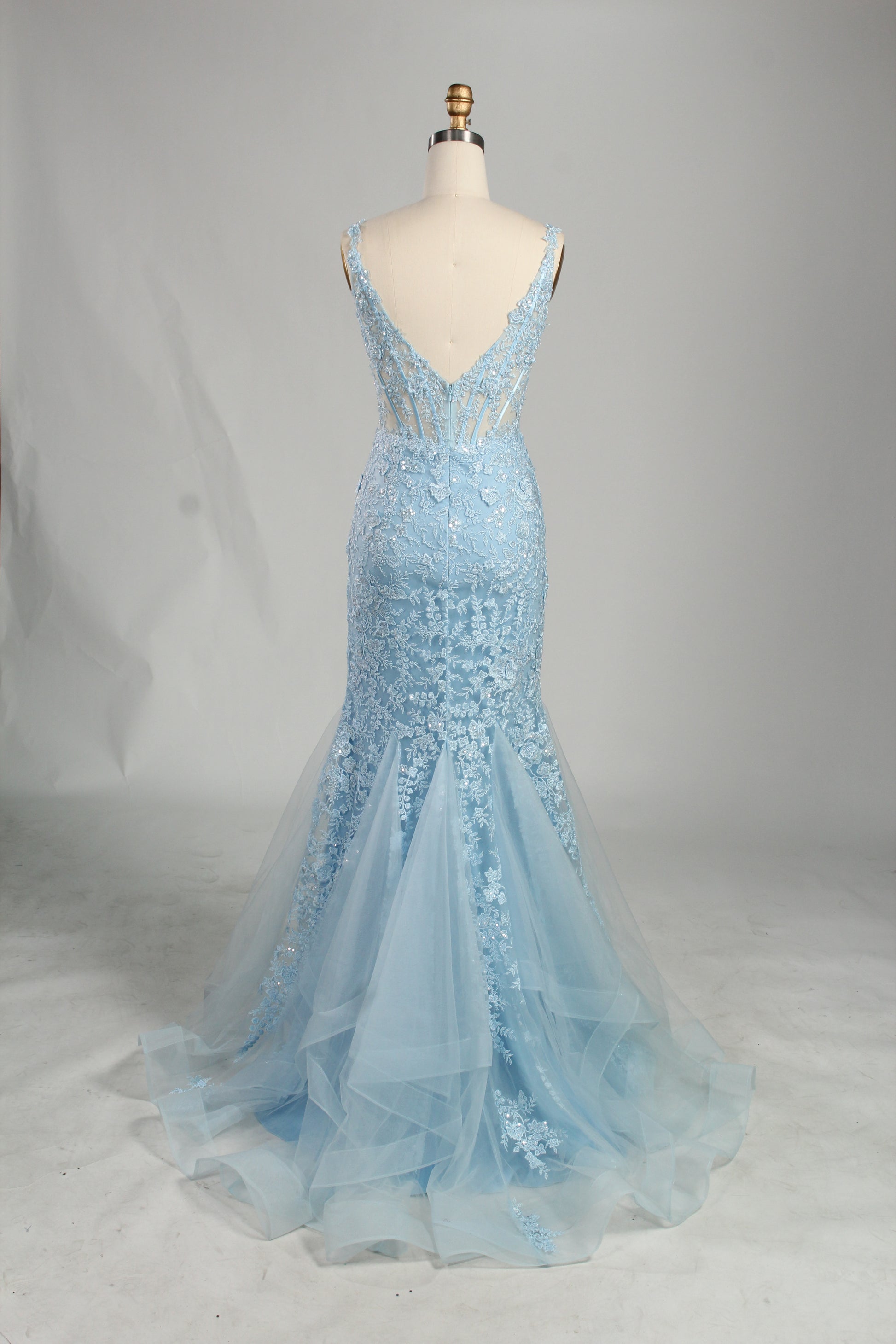 Wholesale Light Blue Lace Prom Dress - Mermaid Criss - Cross Back Gown 33248