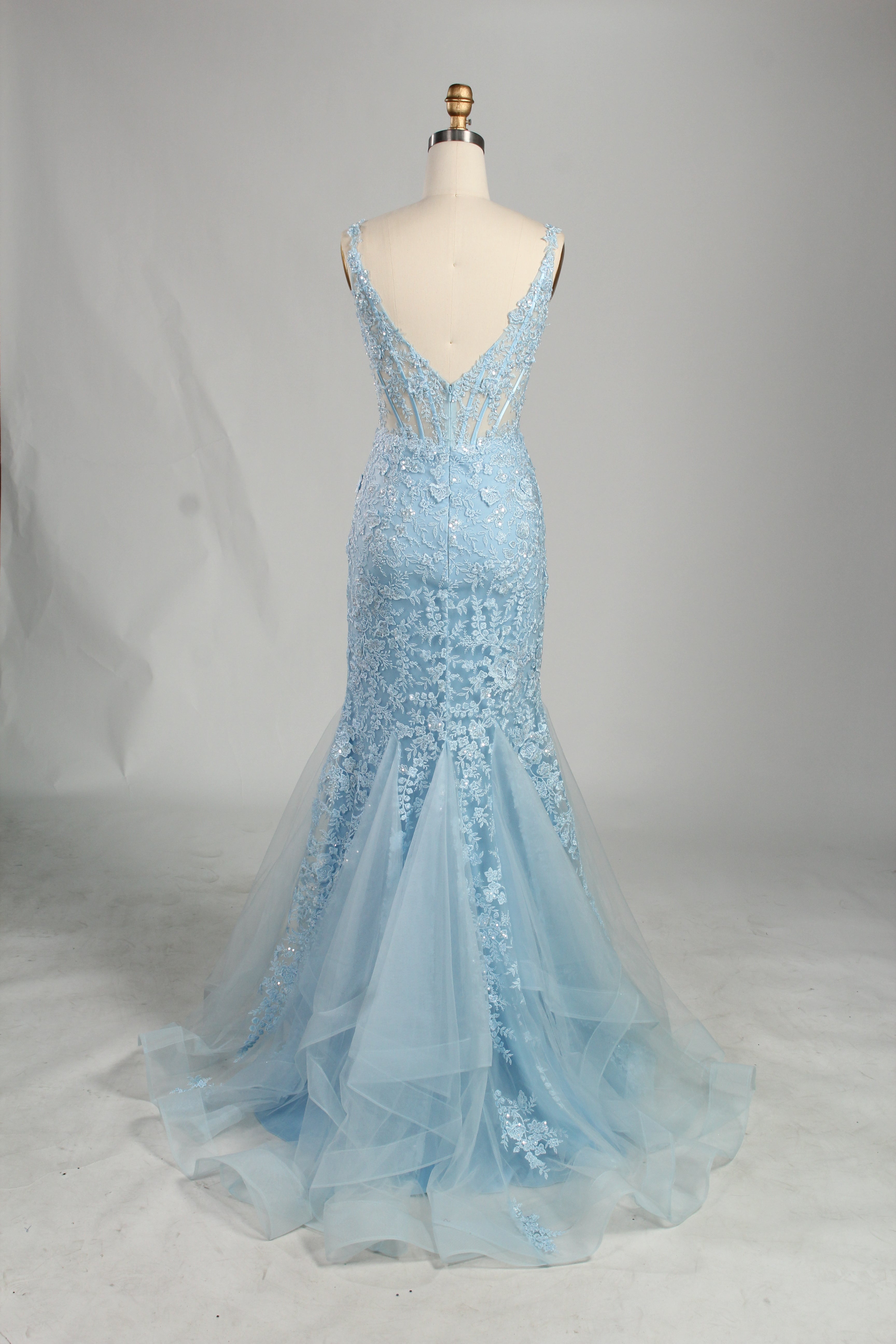 Wholesale Light Blue Lace Prom Dress - Mermaid Criss - Cross Back Gown 33248