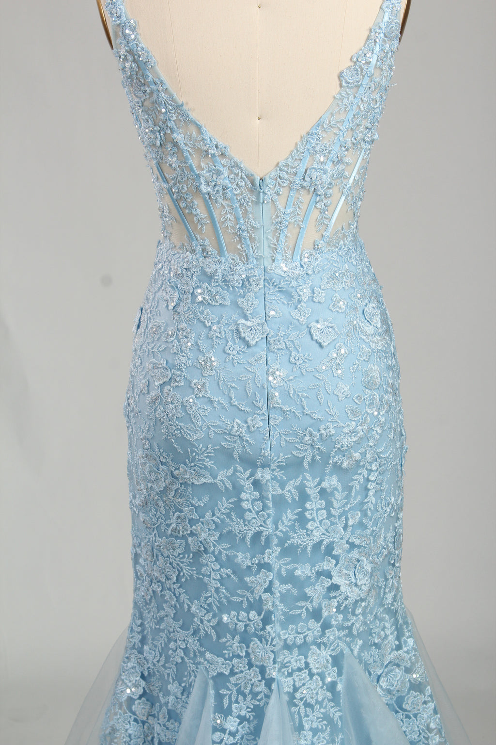 Wholesale Light Blue Lace Prom Dress - Mermaid Criss - Cross Back Gown 33248