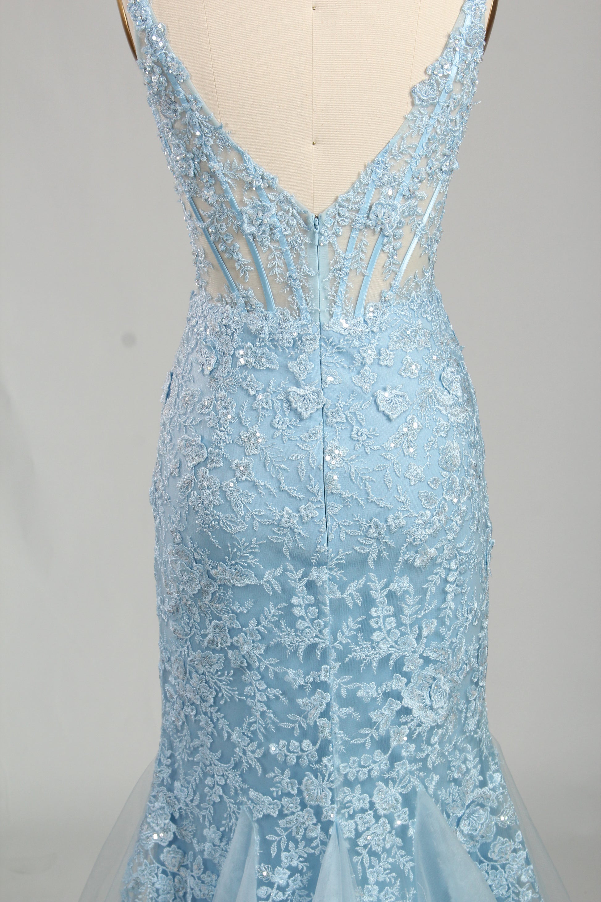 Wholesale Light Blue Lace Prom Dress - Mermaid Criss - Cross Back Gown 33248