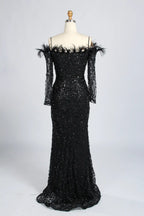 Sophisticated Off-the-Shoulder Beaded Mother of the Bride Dress with Feather Trim KY037