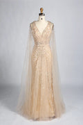 Elegant V-Neck Gold Beaded Long Cape Sleeves Mother of the Bride Dress KY068