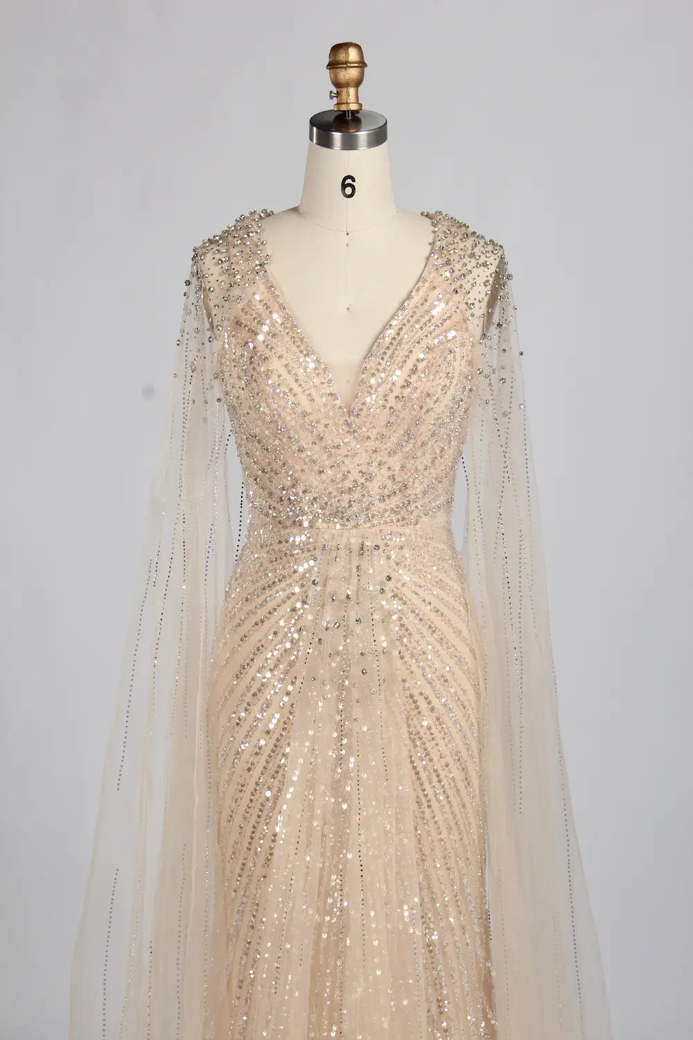 Elegant V-Neck Gold Beaded Long Cape Sleeves Mother of the Bride Dress KY068