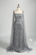 Beaded Mermaid Mother of the Bride Dress with Long Sheer Cape Sleeves KY046