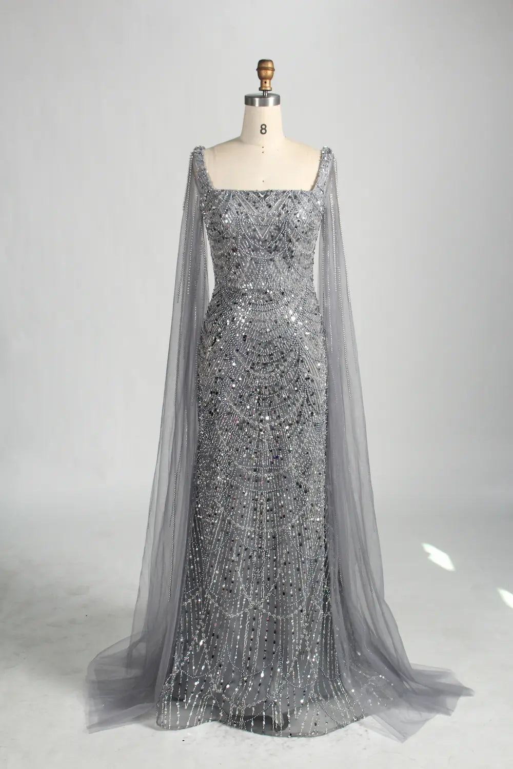 Beaded Mermaid Mother of the Bride Dress with Long Sheer Cape Sleeves KY046