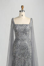 Beaded Mermaid Mother of the Bride Dress with Long Sheer Cape Sleeves KY046