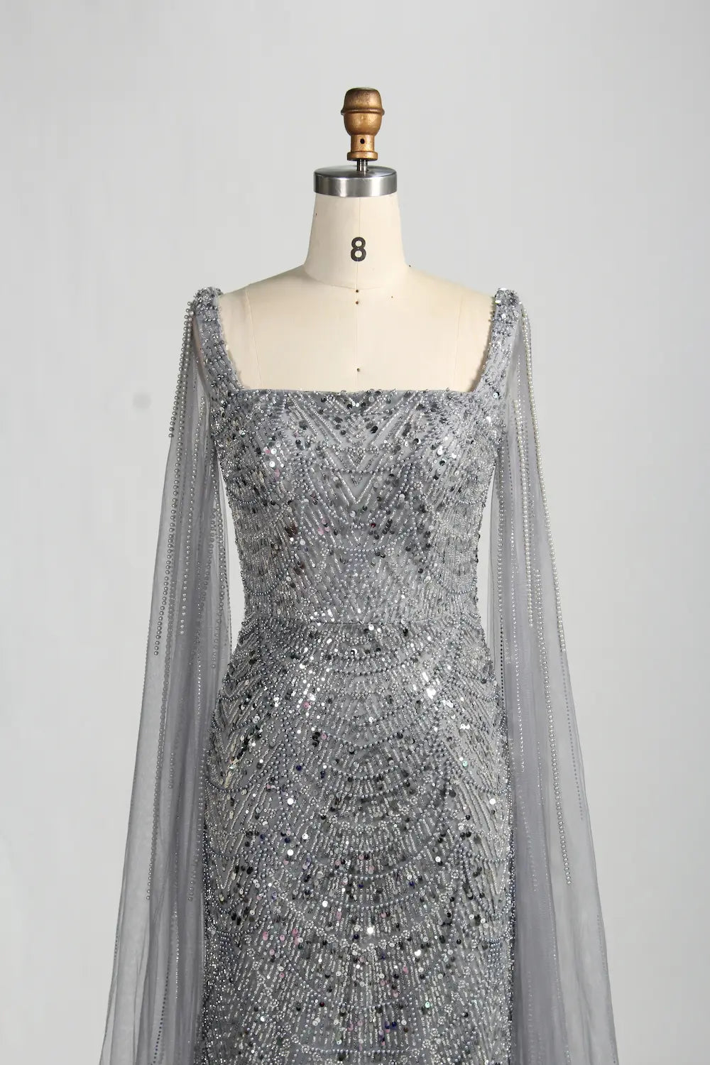 Beaded Mermaid Mother of the Bride Dress with Long Sheer Cape Sleeves KY046