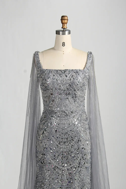 Beaded Mermaid Mother of the Bride Dress with Long Sheer Cape Sleeves KY046