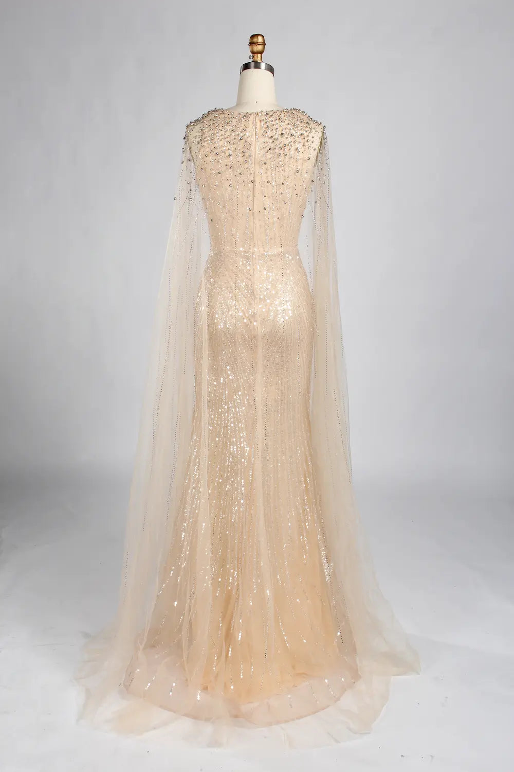 Elegant V-Neck Gold Beaded Long Cape Sleeves Mother of the Bride Dress KY068