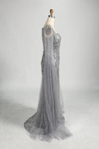 Beaded Mermaid Mother of the Bride Dress with Long Sheer Cape Sleeves KY046