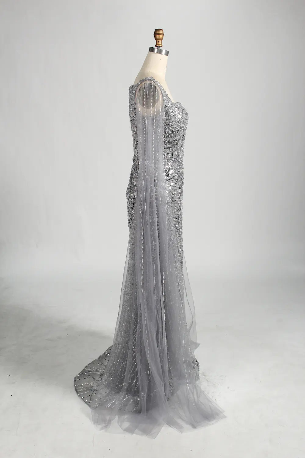 Beaded Mermaid Mother of the Bride Dress with Long Sheer Cape Sleeves KY046