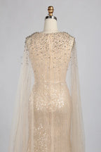 Elegant V-Neck Gold Beaded Long Cape Sleeves Mother of the Bride Dress KY068
