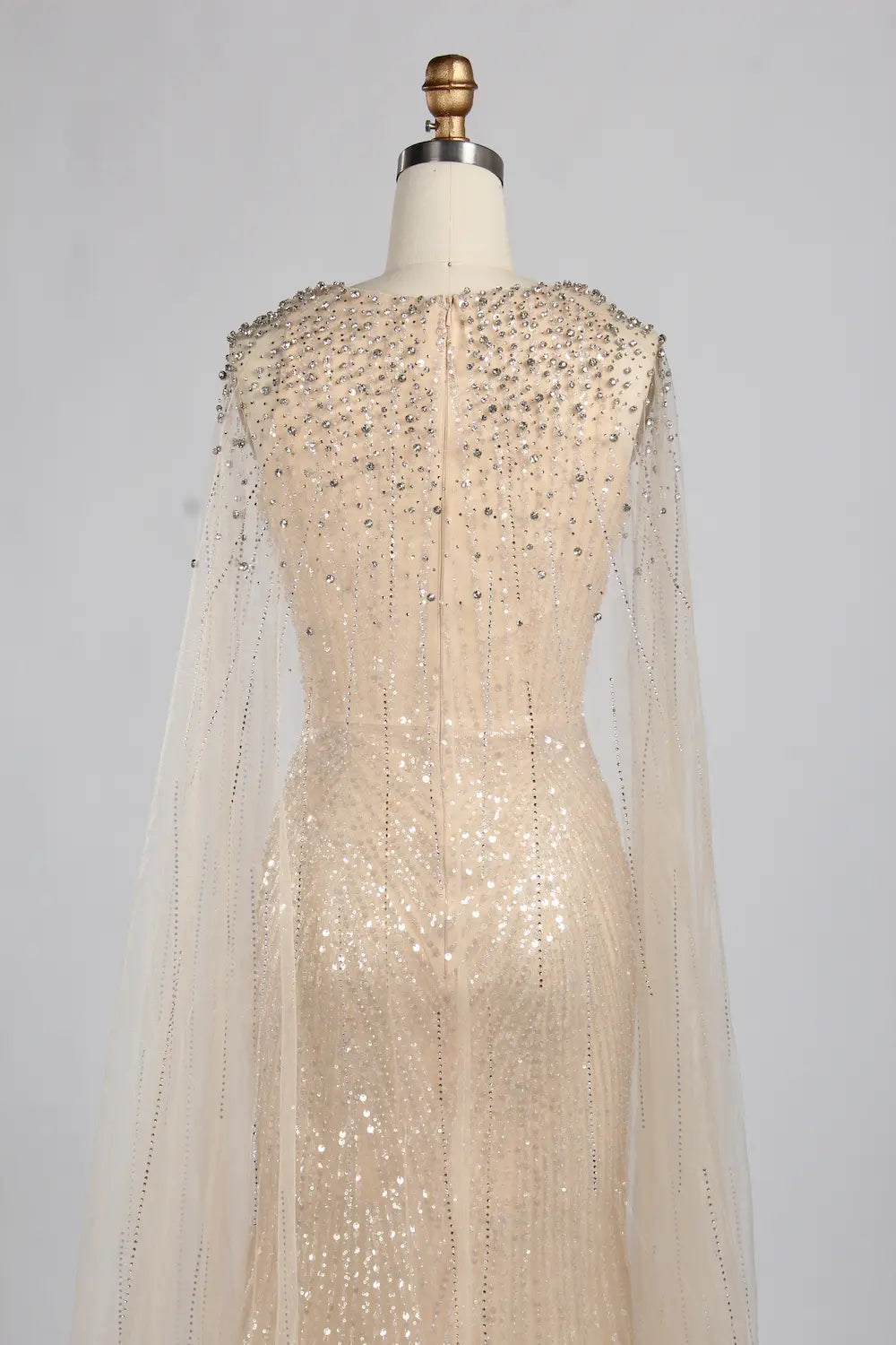 Elegant V-Neck Gold Beaded Long Cape Sleeves Mother of the Bride Dress KY068