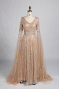 Wholesale Champagne V-Neck Beaded Evening Gown with Flared Sleeves KY059