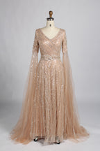 Wholesale Champagne V-Neck Beaded Evening Gown with Flared Sleeves KY059