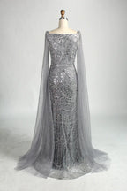 Beaded Mermaid Mother of the Bride Dress with Long Sheer Cape Sleeves KY046