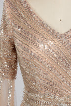 Wholesale Champagne V-Neck Beaded Evening Gown with Flared Sleeves KY059
