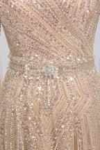 Wholesale Champagne V-Neck Beaded Evening Gown with Flared Sleeves KY059
