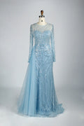 Long Sleeve Sequin Sheath Mother of the Bride Dress with Over-Skirt KY040