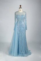 Long Sleeve Sequin Sheath Mother of the Bride Dress with Over-Skirt KY040