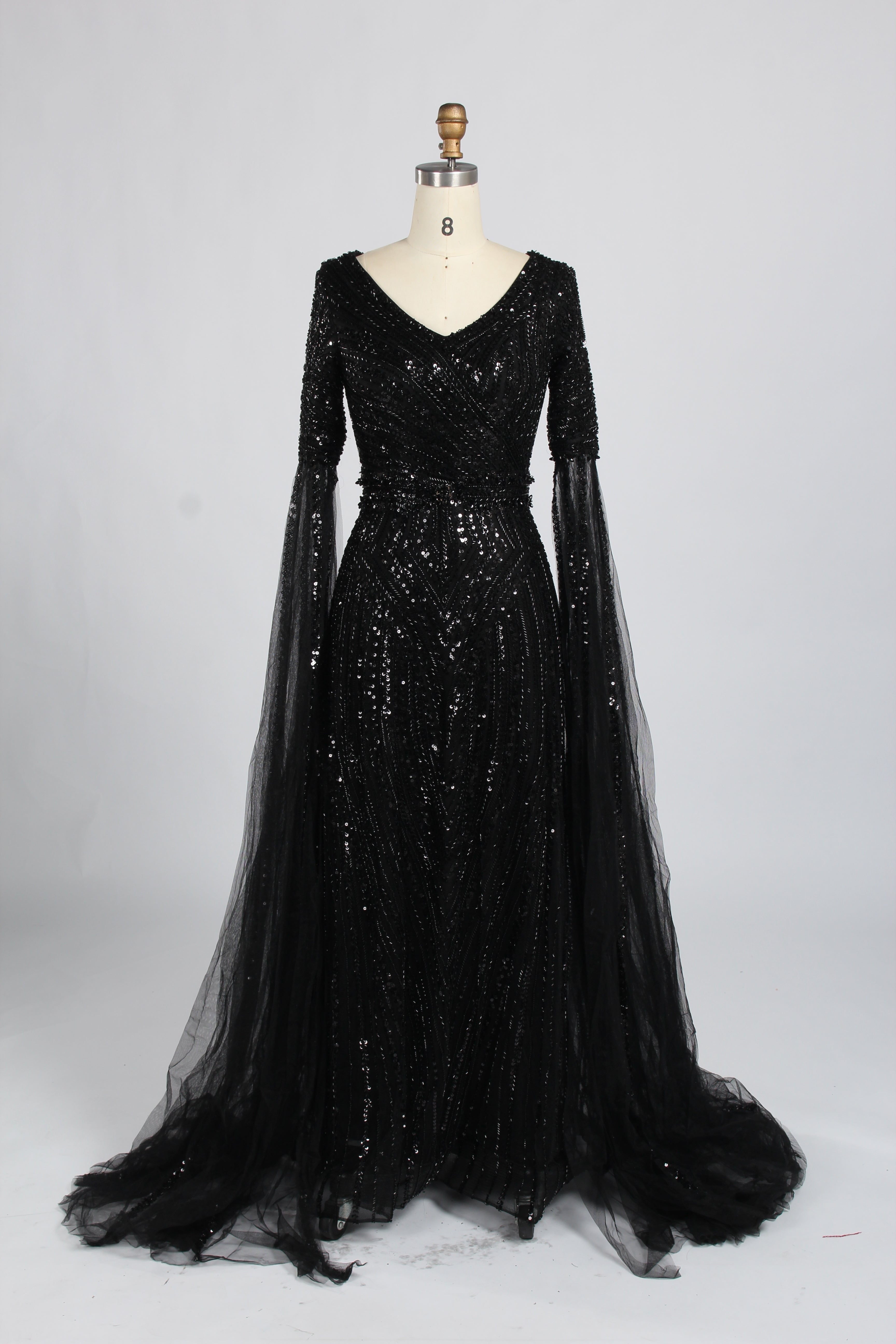 Wholesale Champagne V-Neck Beaded Evening Gown with Flared Sleeves KY059