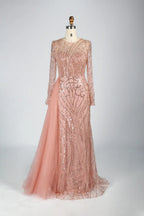 Long Sleeve Sequin Sheath Mother of the Bride Dress with Over-Skirt KY040