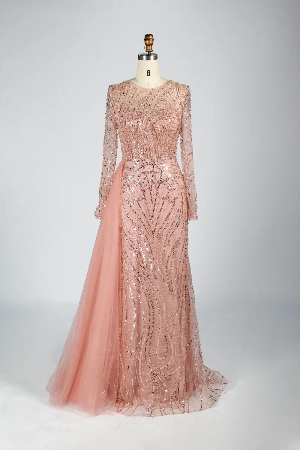 Long Sleeve Sequin Sheath Mother of the Bride Dress with Over-Skirt KY040