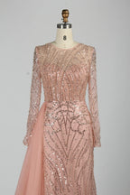 Long Sleeve Sequin Sheath Mother of the Bride Dress with Over-Skirt KY040