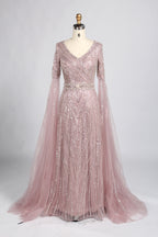 Wholesale Champagne V-Neck Beaded Evening Gown with Flared Sleeves KY059