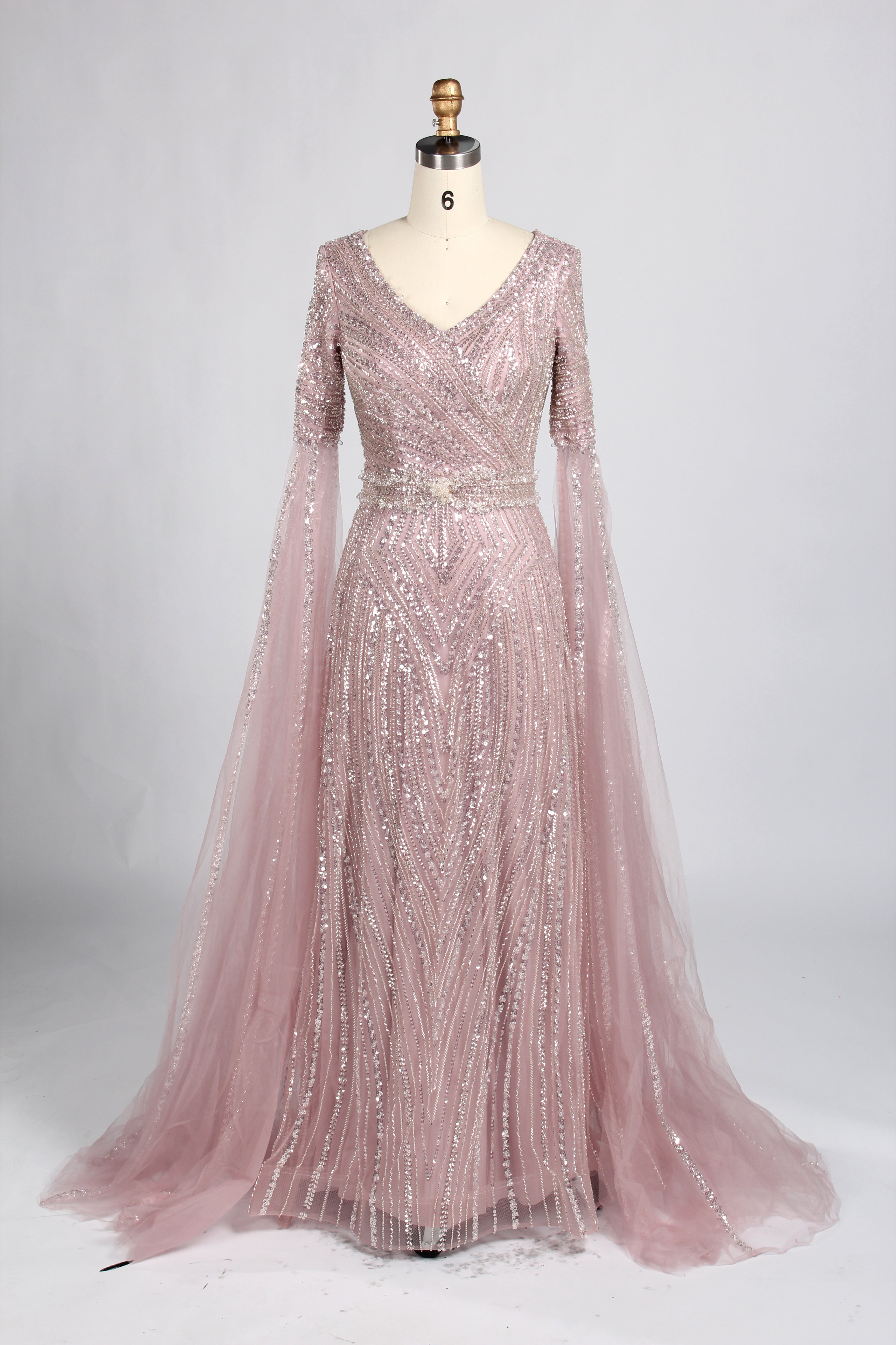 Wholesale Champagne V-Neck Beaded Evening Gown with Flared Sleeves KY059