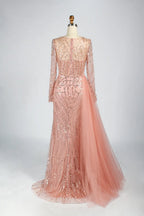 Long Sleeve Sequin Sheath Mother of the Bride Dress with Over-Skirt KY040