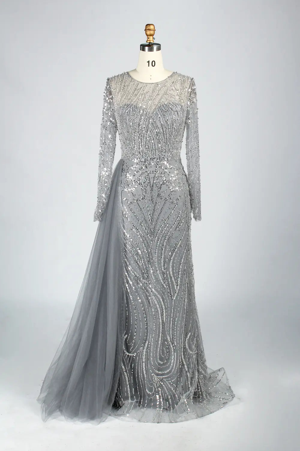 Long Sleeve Sequin Sheath Mother of the Bride Dress with Over-Skirt KY040