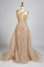 Navy Blue One-Shoulder Beaded Mermaid Evening Dress with Side Train KY069