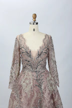 Mauve Sophisticated A-Line Mother of the Bride Dress with Long Sleeves MK076