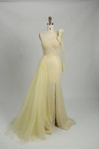 One Shoulder Sequined Mother of the Bride Dress with Overskirt MK150