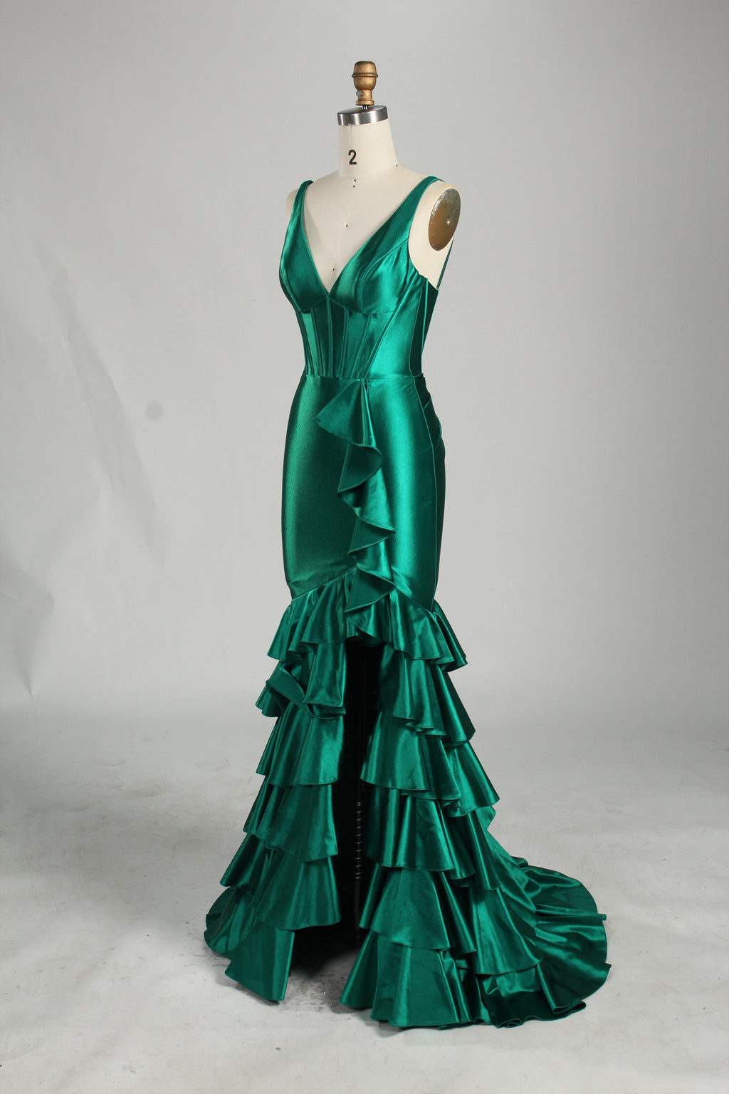 Wholesale Emerald Green Satin Ruffled Mermaid Prom Dress 33255