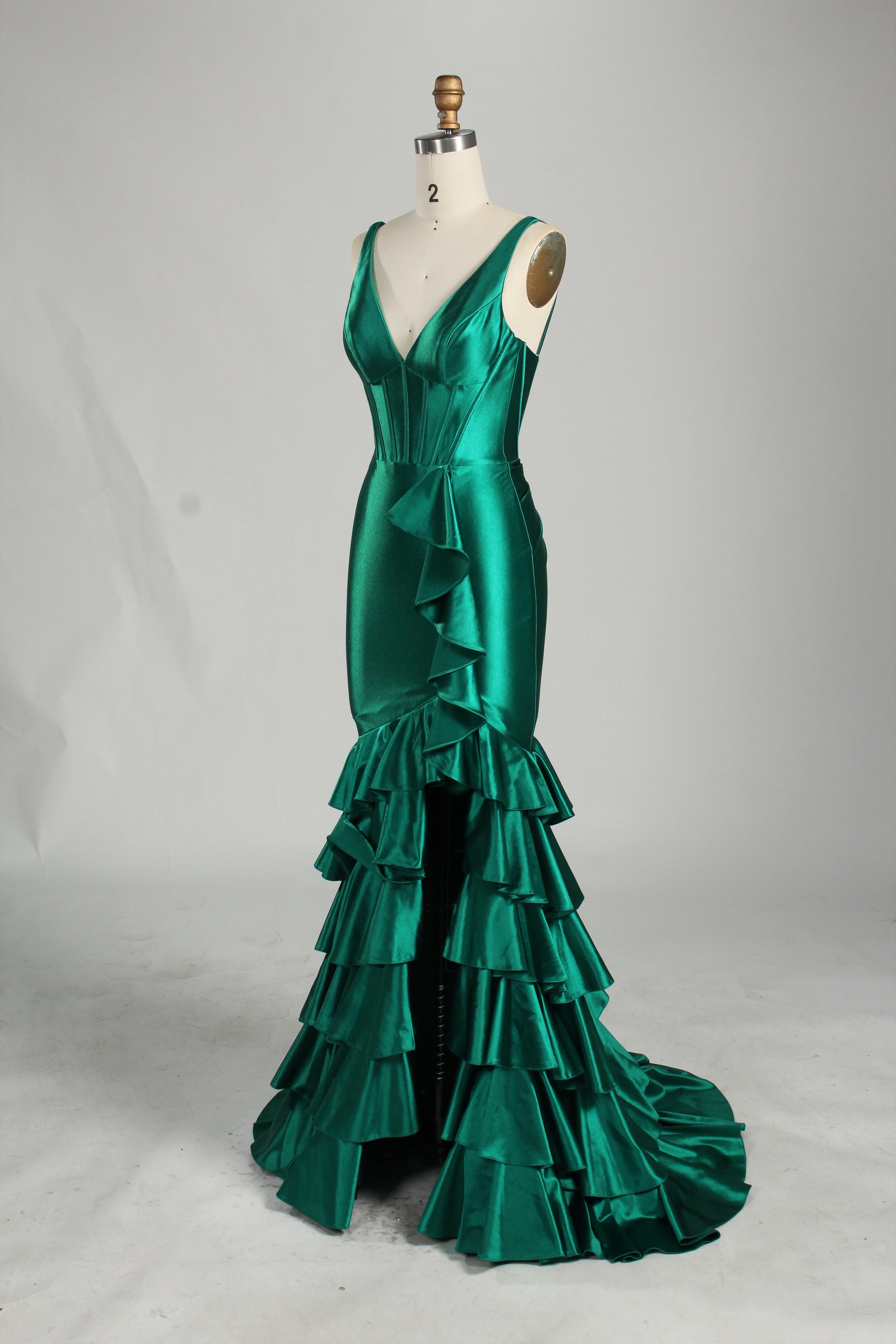 Wholesale Emerald Green Satin Ruffled Mermaid Prom Dress 33255