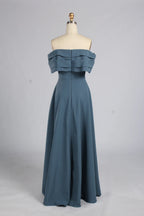 Teal-blue off-shoulder A-line mother-of-the-bride dress with layered ruffled neckline