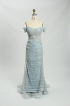 Off the Shoulder Sequined Light Blue Evening Dress MC113
