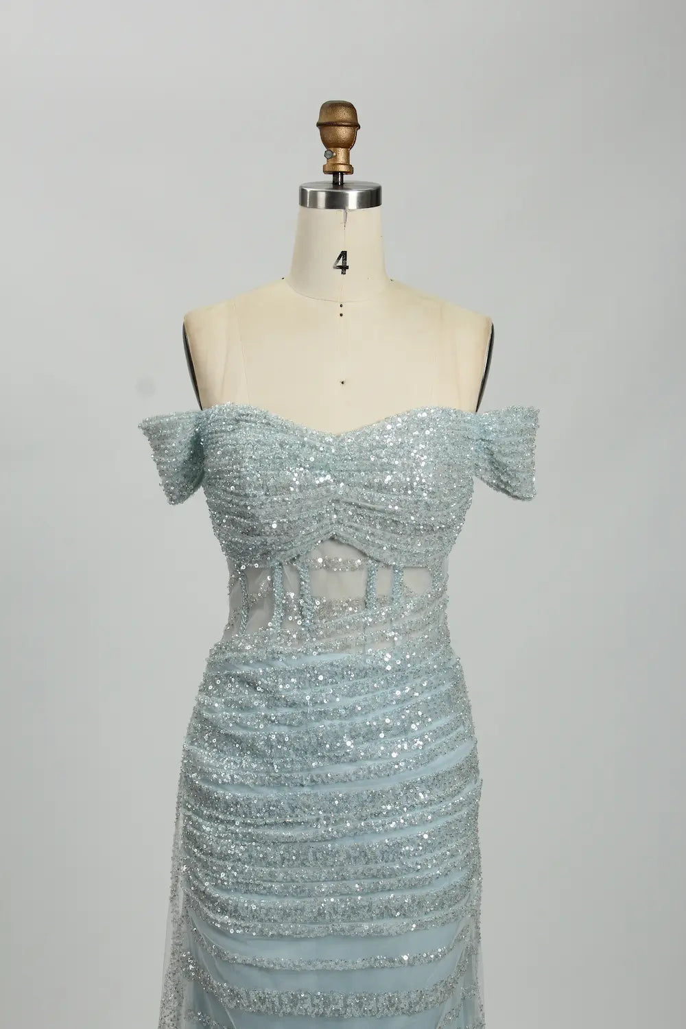 Off the Shoulder Sequined Light Blue Evening Dress MC113
