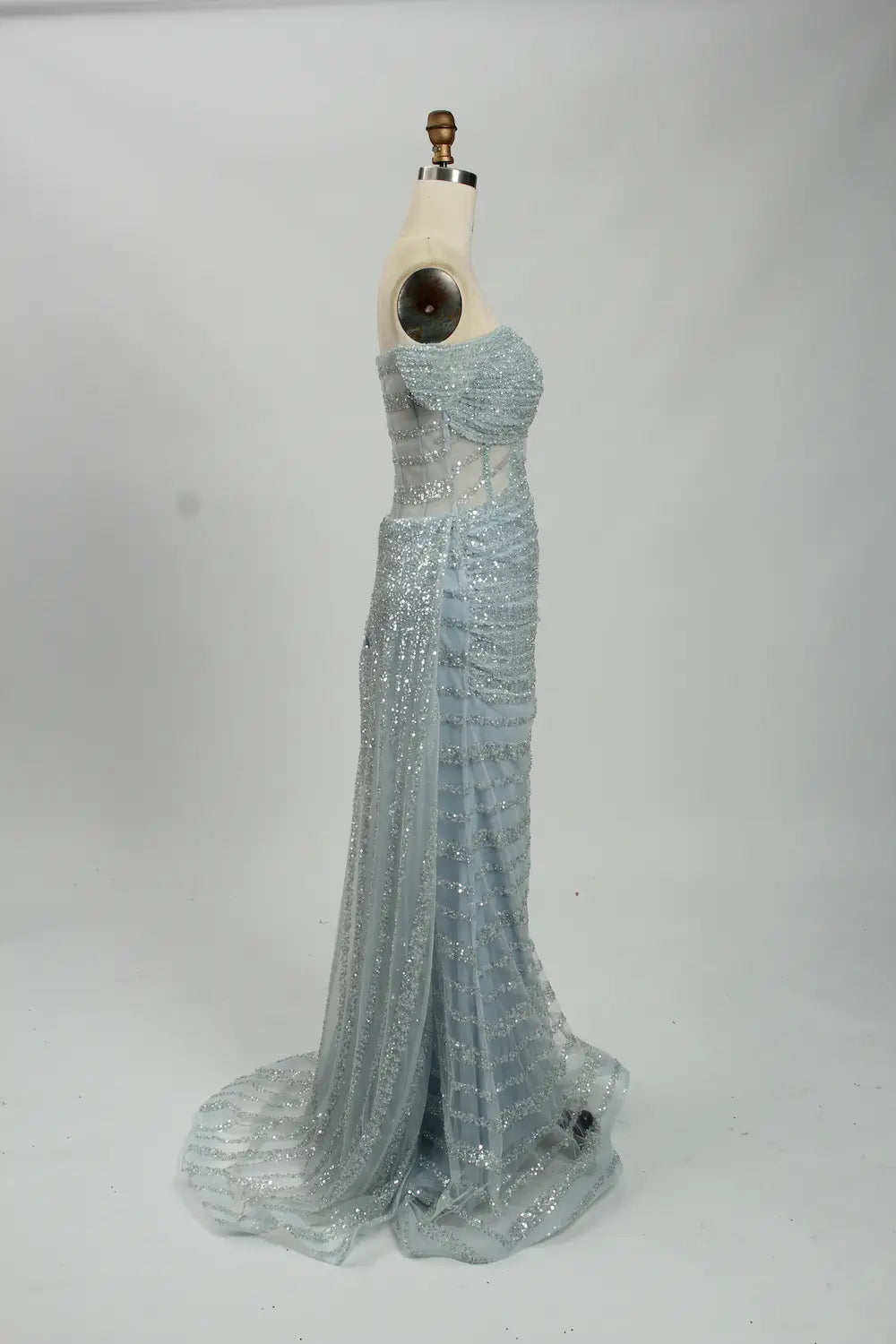 Off the Shoulder Sequined Light Blue Evening Dress MC113