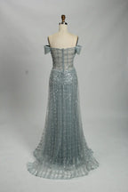 Off the Shoulder Sequined Light Blue Evening Dress MC113