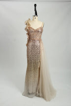 One Shoulder Sequined Ombre Evening Dress with Side Train MC117