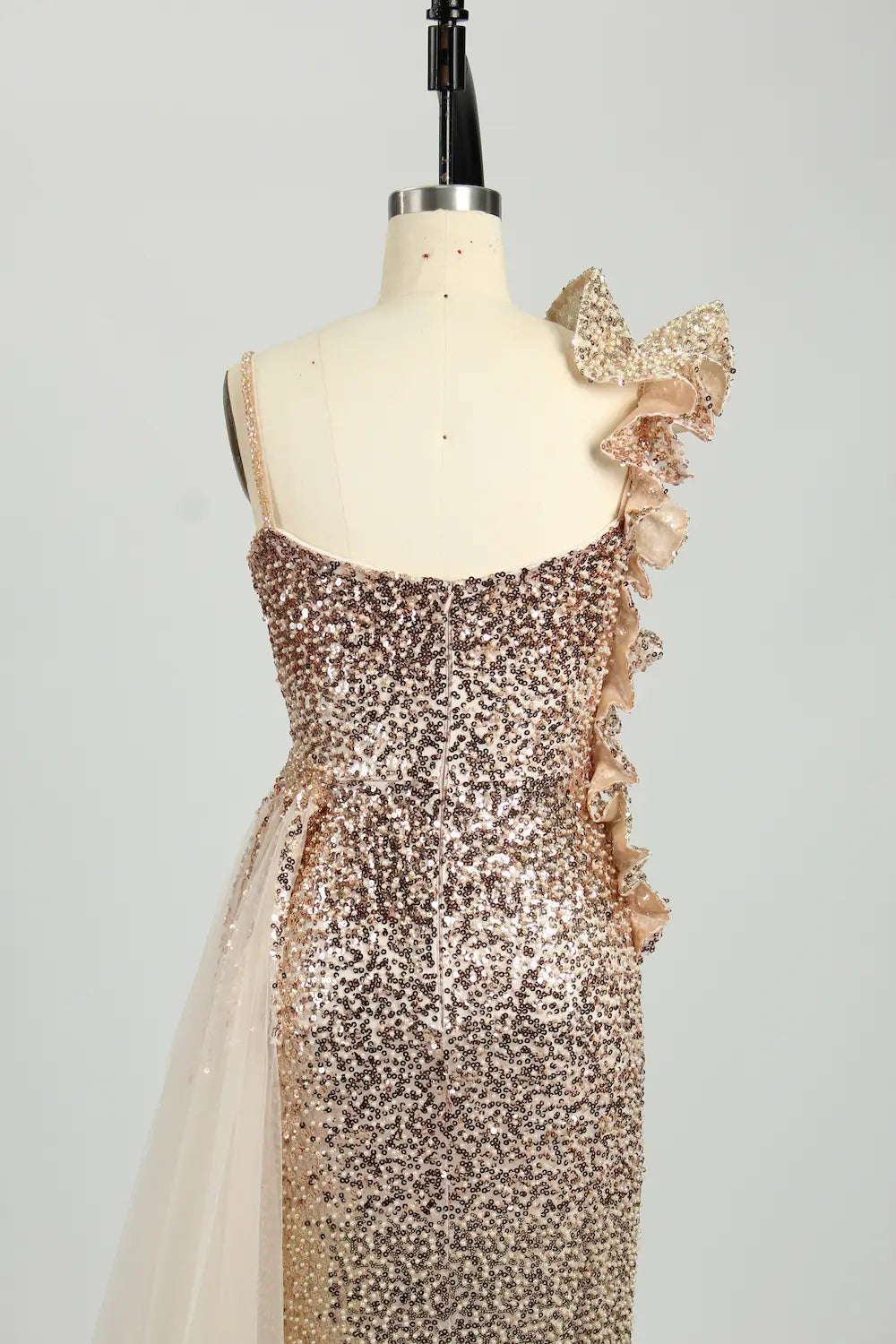 One Shoulder Sequined Ombre Evening Dress with Side Train MC117