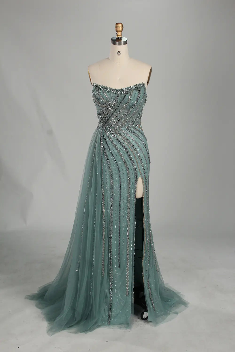 Sage Green Strapless Beaded Side Drape and Slit Evening Gown KS058