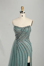 Sage Green Strapless Beaded Side Drape and Slit Evening Gown KS058