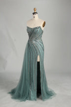 Sage Green Strapless Beaded Side Drape and Slit Evening Gown KS058