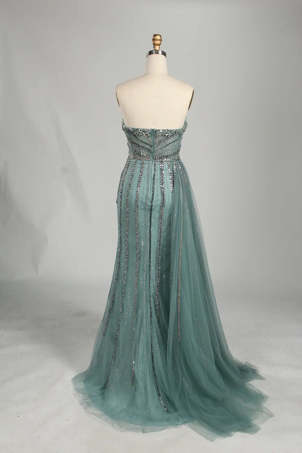 Sage Green Strapless Beaded Side Drape and Slit Evening Gown KS058