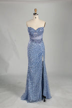 Timeless Light Blue Strapless Sequin Slit Evening Gown KS059